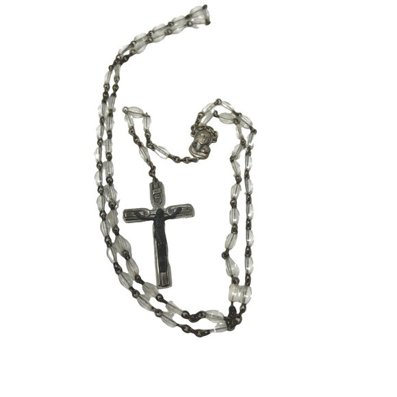 Vintage‎ Rosary Clear Beads Oval Shaped Metal 26" Five Decade - Picture 1 of 4